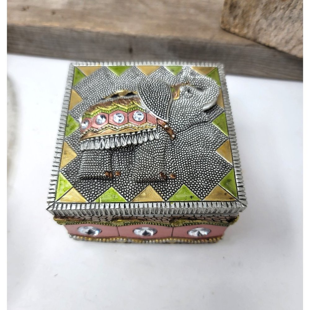 Elephant Trinket Box Raised Design Rhinestones Trunk up